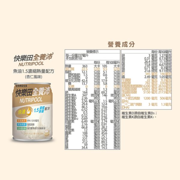 全養沛-魚油1.5濃縮熱量配方-杏仁風味(葷食) 237mL,6入/盒X2,共12入